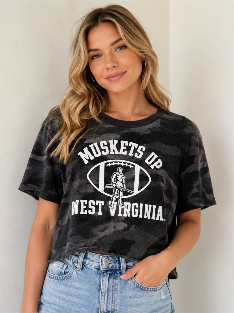 PINK West Virginia WVU Muskets Up Camo Crop Tee Size M